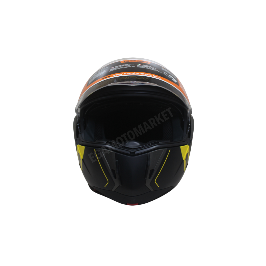 Beon Çene Açılır Siyah Sarı Kask – Ece R22.05 Onaylı M Beden (57-58 Cm)