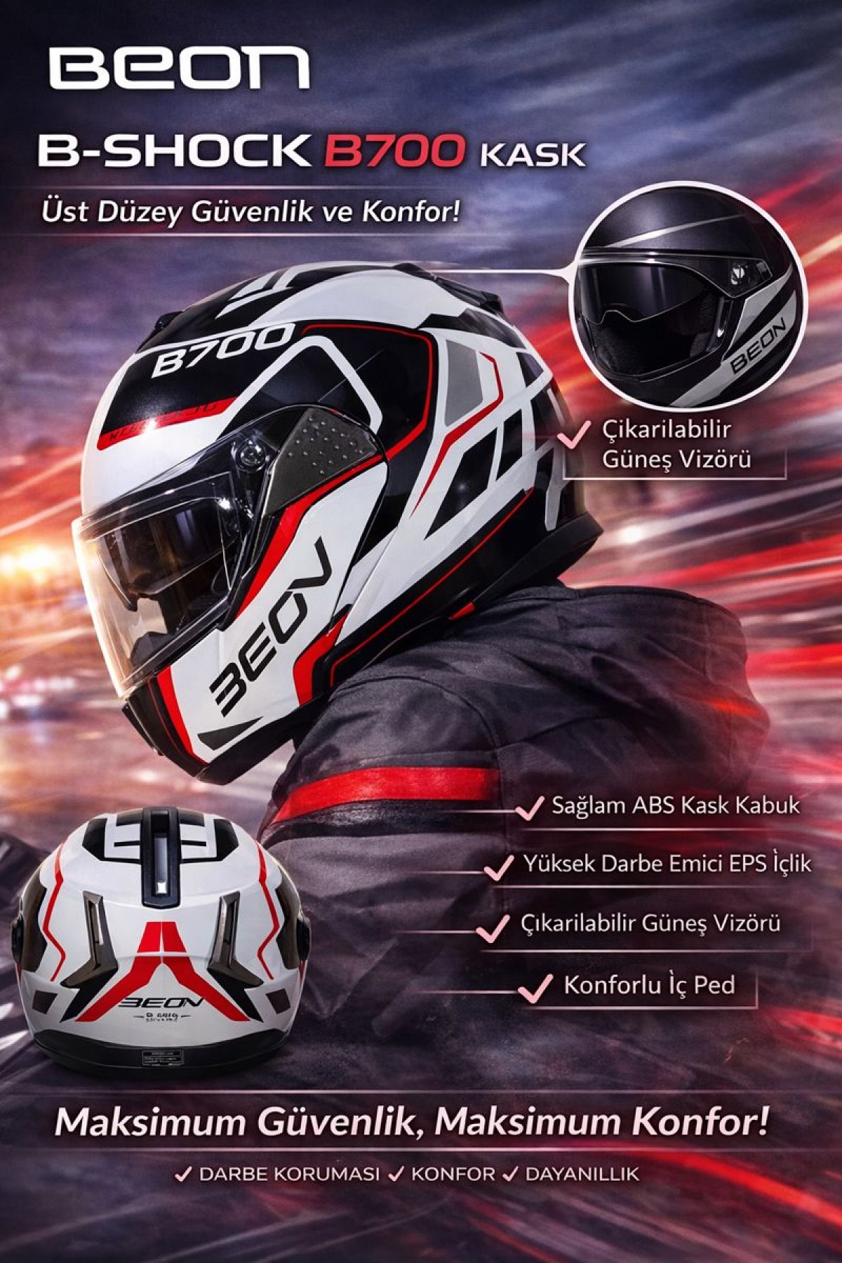 Beon Çene Açılır Vizörlü Kask B700 Siyah,kırmızı Aır Tek