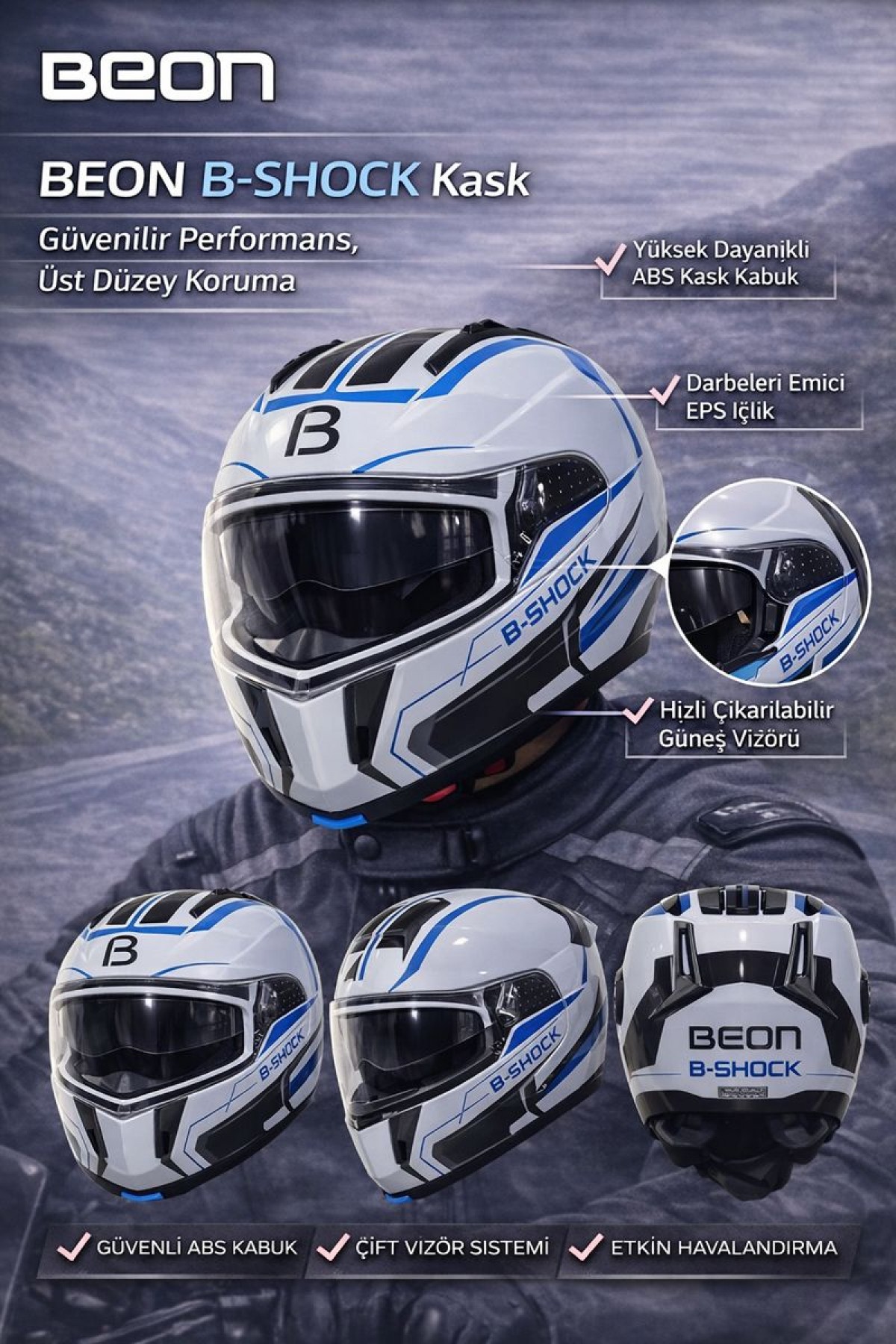 Beon Çene Açılır Vizörlü Kask Beyaz , Mavi B-shock