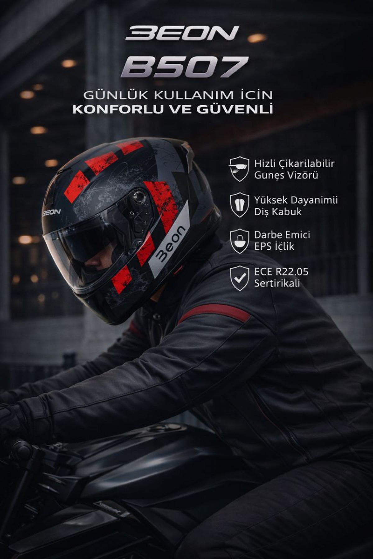 Beon Kapalı Kask (full Face) B507 Siyah,kırmızı,gri