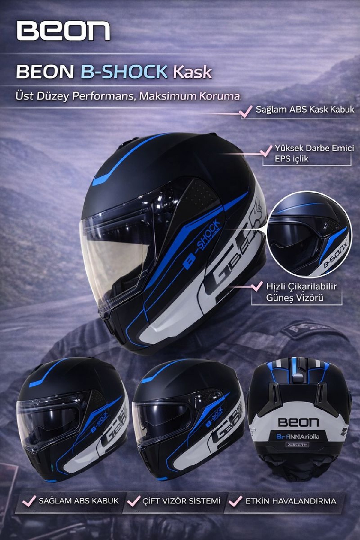 Beon Kask Çene Açılır Vizörlü B700 Siyah Mavi B-shock