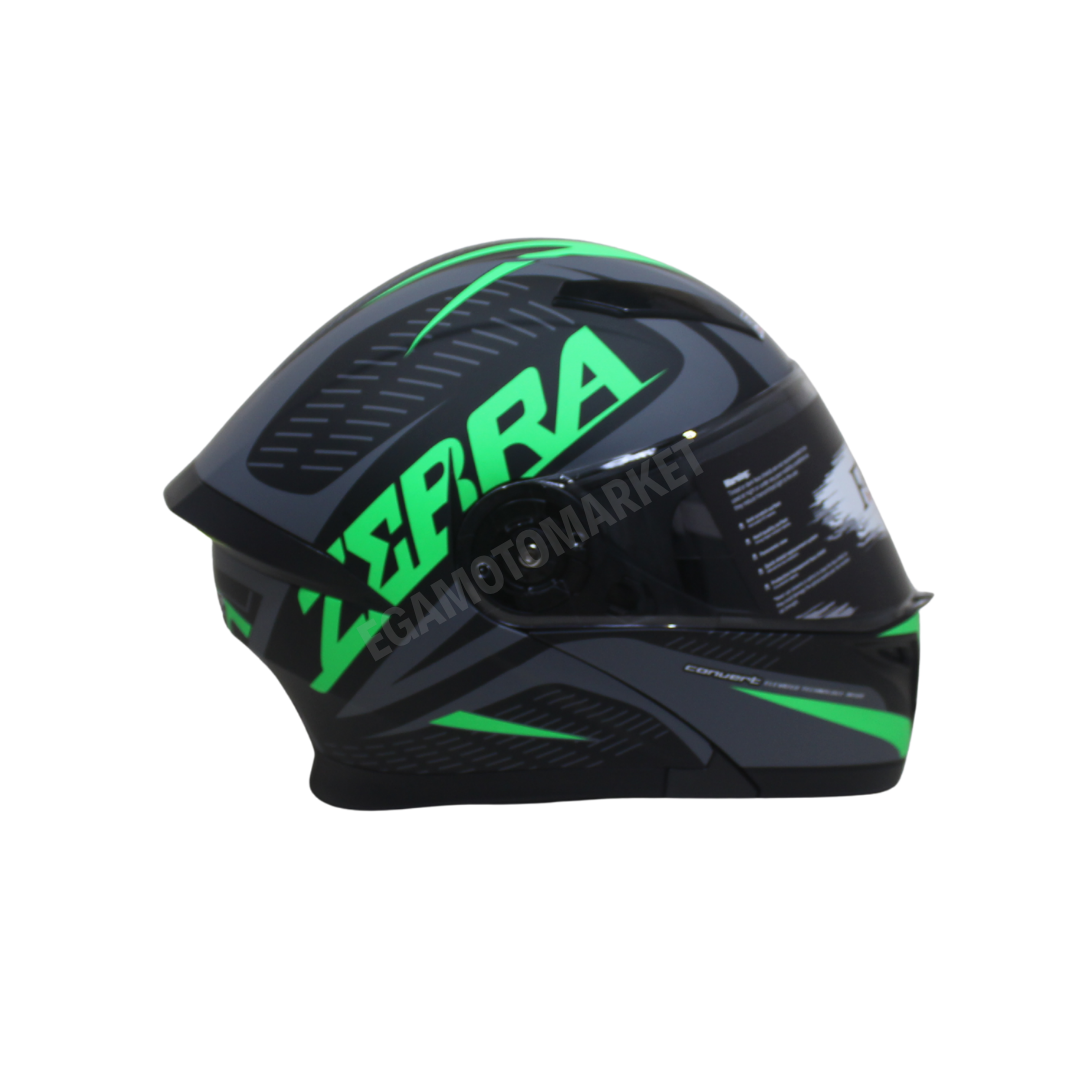 Fazer Helmet Zebra Flourosan Green Full Face Çene Açılır Kask – Ce Belgeli, Siyah Güneş Vizörlü