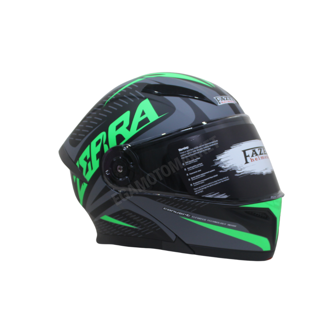 Fazer Helmet Zebra Flourosan Green Full Face Çene Açılır Kask – Ce Belgeli, Siyah Güneş Vizörlü