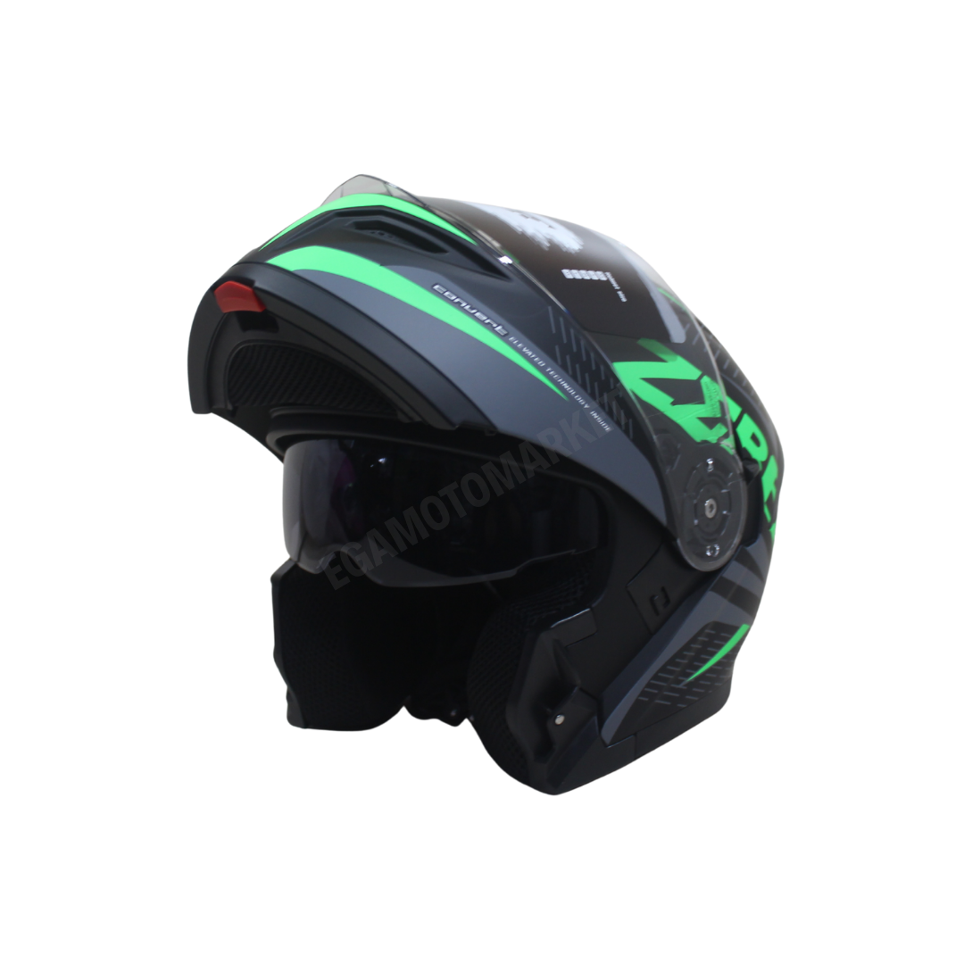 Fazer Helmet Zebra Flourosan Green Full Face Çene Açılır Kask – Ce Belgeli, Siyah Güneş Vizörlü