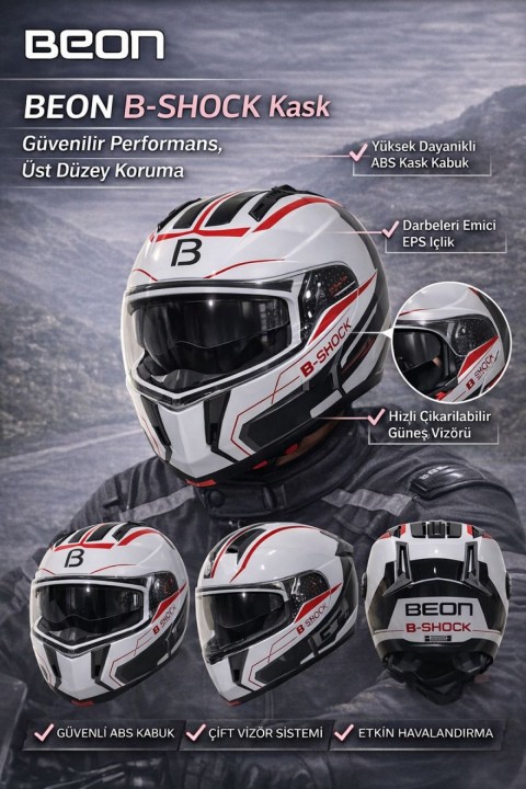 Beon Çene Açılır Vizörlü Kask B700 Beyaz , Kırmızı