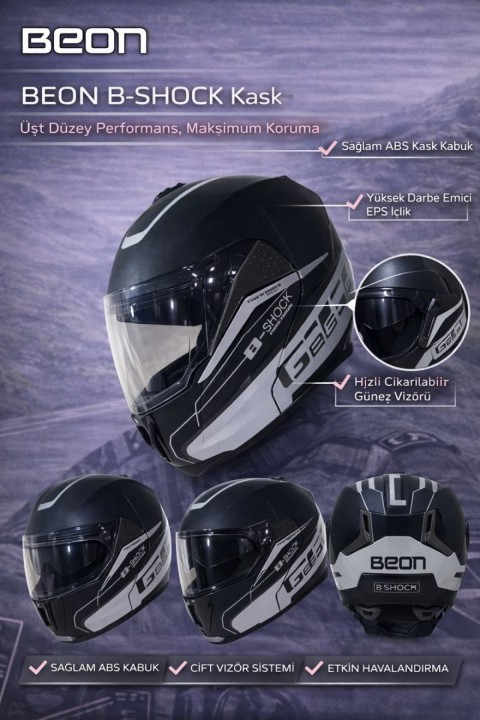 Beon Çene Açılır Vizörlü Kask B700 Gri , Siyah Gt