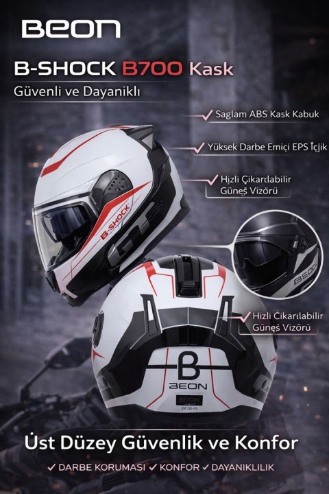 Beon Çene Açılır Vizörlü Kask B700 Siyah , Beyaz B-shock