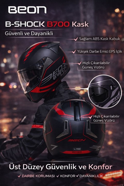 Beon Çene Açılır Vizörlü Kask B700 Siyah , Kırmızı Vertigo