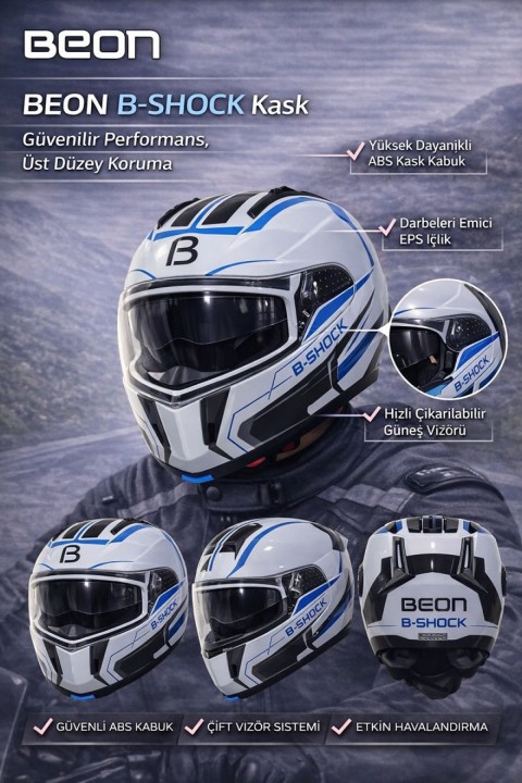 Beon Çene Açılır Vizörlü Kask Beyaz , Mavi B-shock