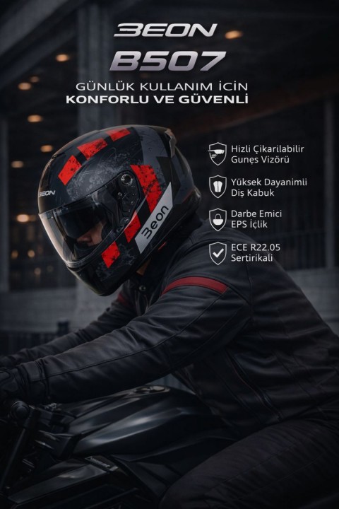 Beon Kapalı Kask (full Face) B507 Siyah,kırmızı,gri