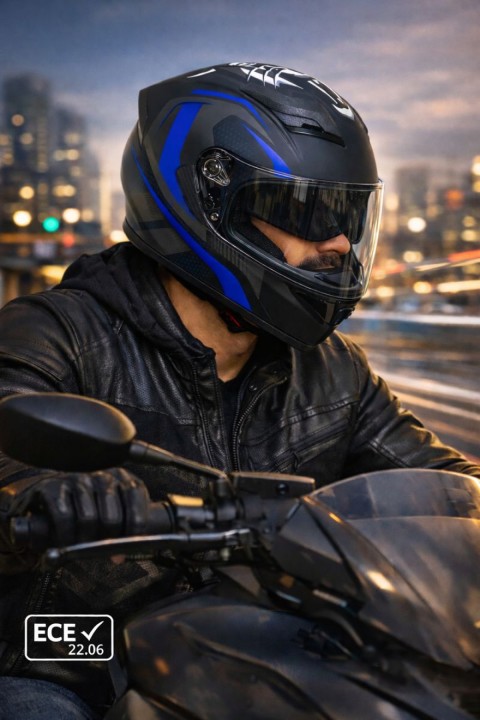 Jk Güneş Vizörlü Full Face Kask – Mat Siyah / Mavi