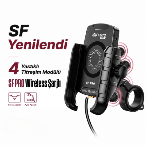 (nukrotech) Sf Pro 4 Yastıklı Titreşim Modüllü Motosiklet Telefon Tutucu – 15w Kablosuz Şarj & Usb-c Hızlı Şarj